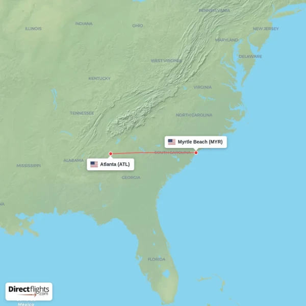 Atlanta - Myrtle Beach direct flight map