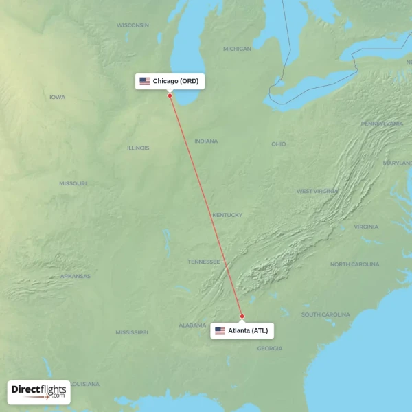 Atlanta - Chicago direct flight map
