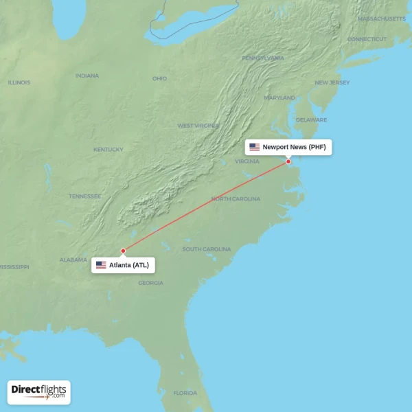 Atlanta - Newport News direct flight map