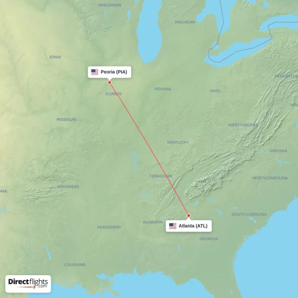 Atlanta - Peoria direct flight map