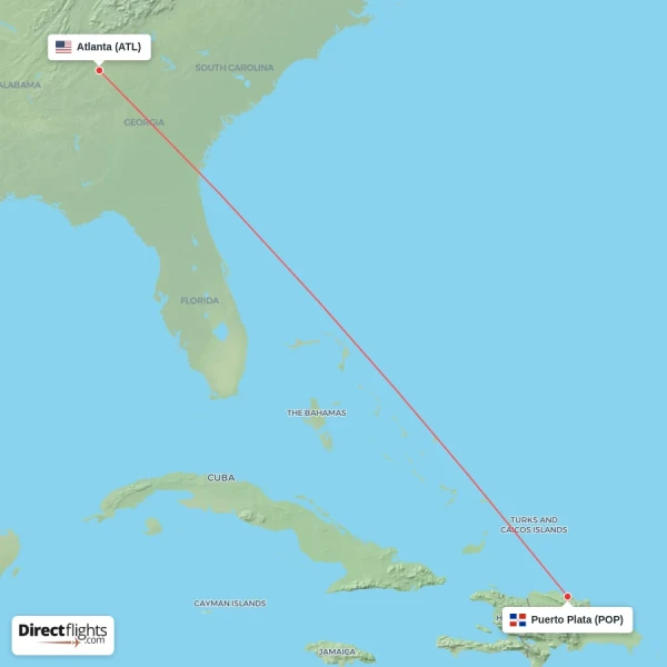 Atlanta - Puerto Plata direct flight map