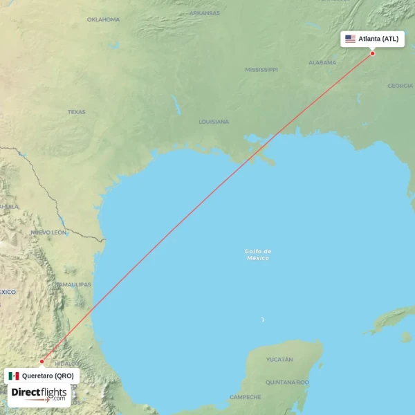 Atlanta - Queretaro direct flight map