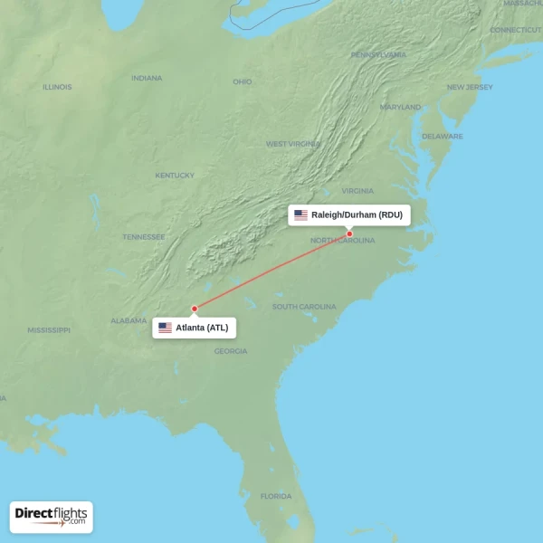 Atlanta - Raleigh/Durham direct flight map