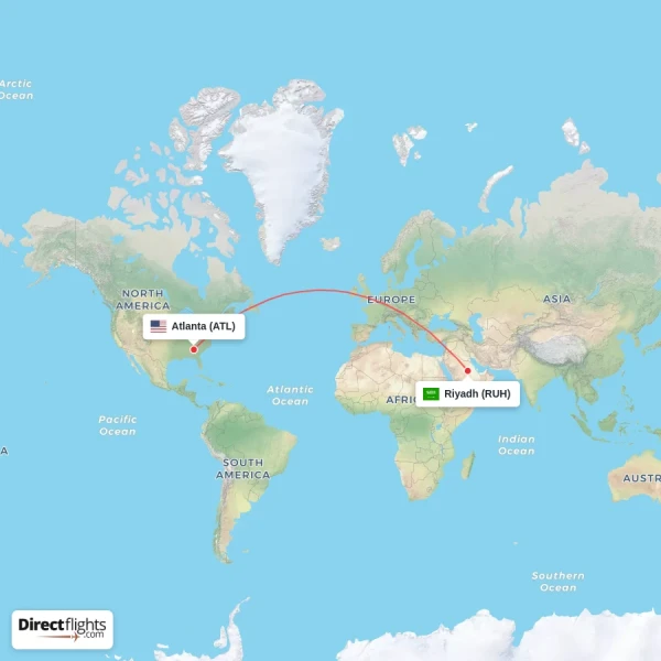 Atlanta - Riyadh direct flight map