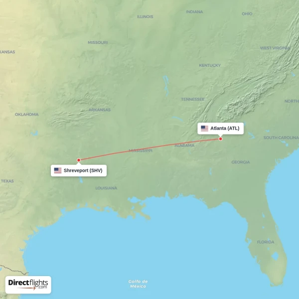 Atlanta - Shreveport direct flight map