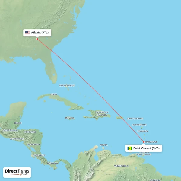 Atlanta - Saint Vincent direct flight map