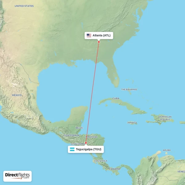 Atlanta - Tegucigalpa direct flight map