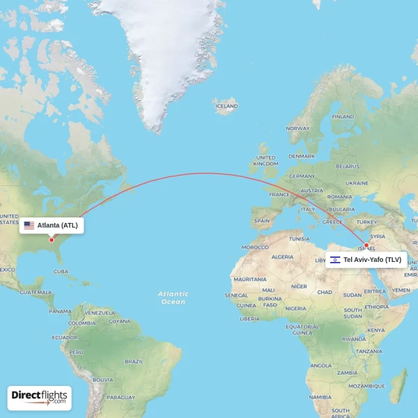 Atlanta - Tel Aviv-Yafo direct flight map
