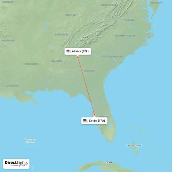Atlanta - Tampa direct flight map