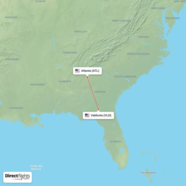 Atlanta - Valdosta direct flight map