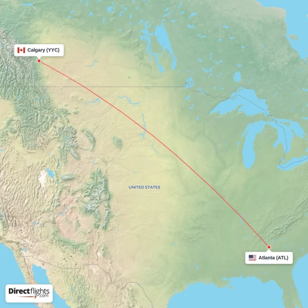 Atlanta - Calgary direct flight map