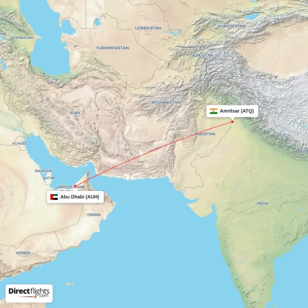 Amritsar - Abu Dhabi direct flight map