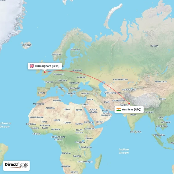 Amritsar - Birmingham direct flight map