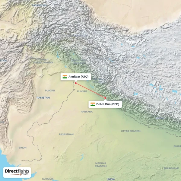 Amritsar - Dehra Dun direct flight map