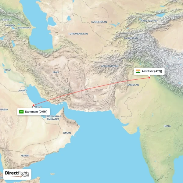 Amritsar - Dammam direct flight map