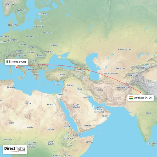 Amritsar - Rome direct flight map