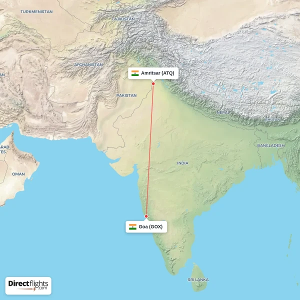 Amritsar - Goa direct flight map