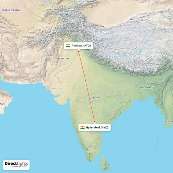 Amritsar - Hyderabad direct flight map