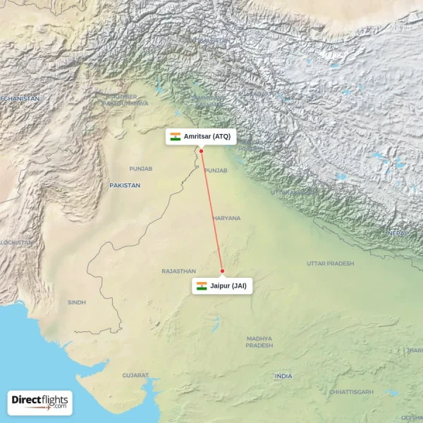 Amritsar - Jaipur direct flight map