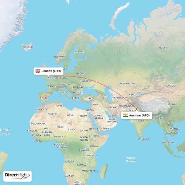 Amritsar - London direct flight map
