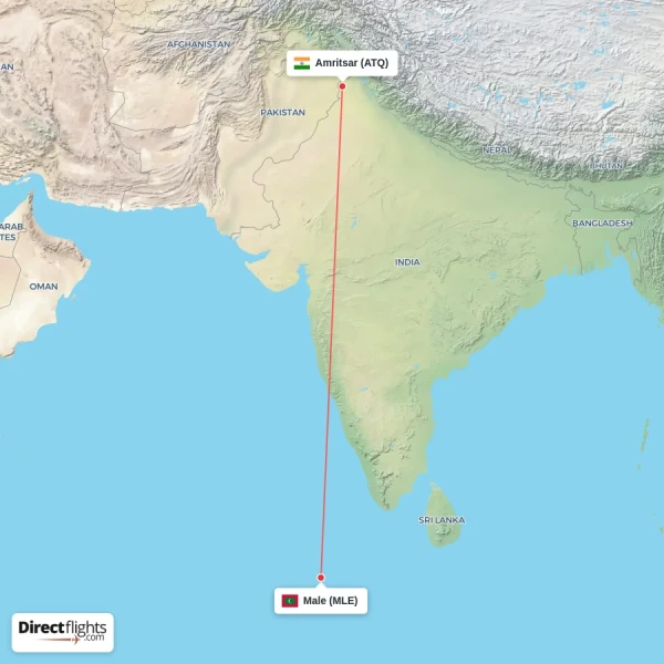 Amritsar - Male direct flight map