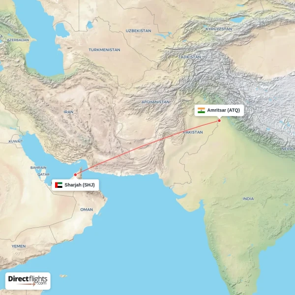 Amritsar - Sharjah direct flight map