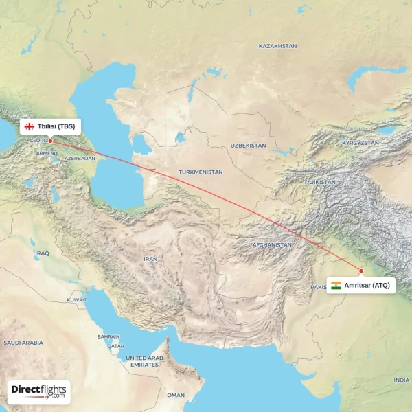 Amritsar - Tbilisi direct flight map