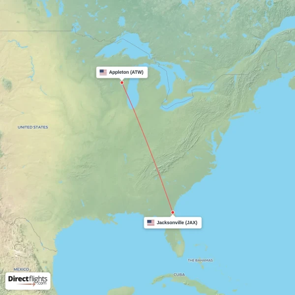 Appleton - Jacksonville direct flight map