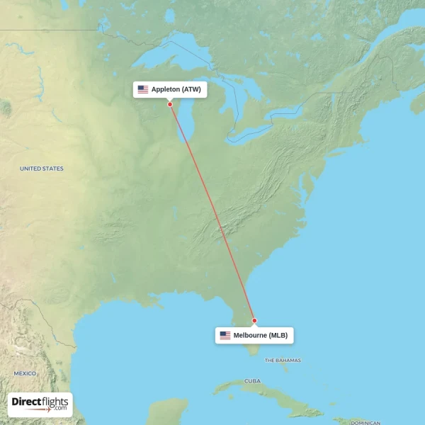 Appleton - Melbourne direct flight map