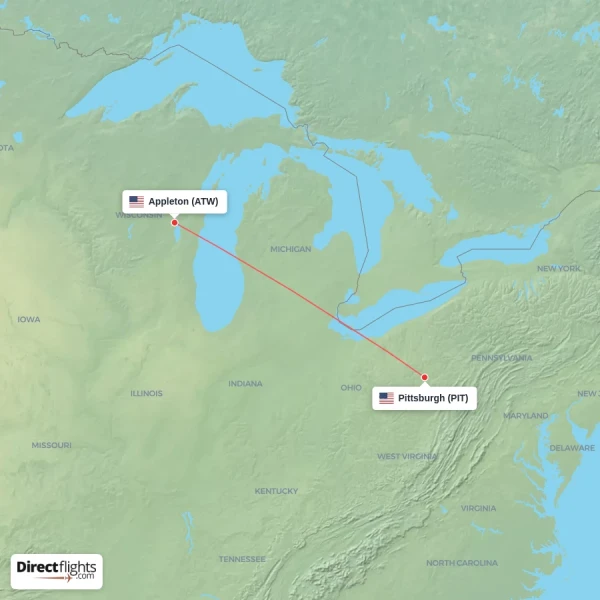 Appleton - Pittsburgh direct flight map