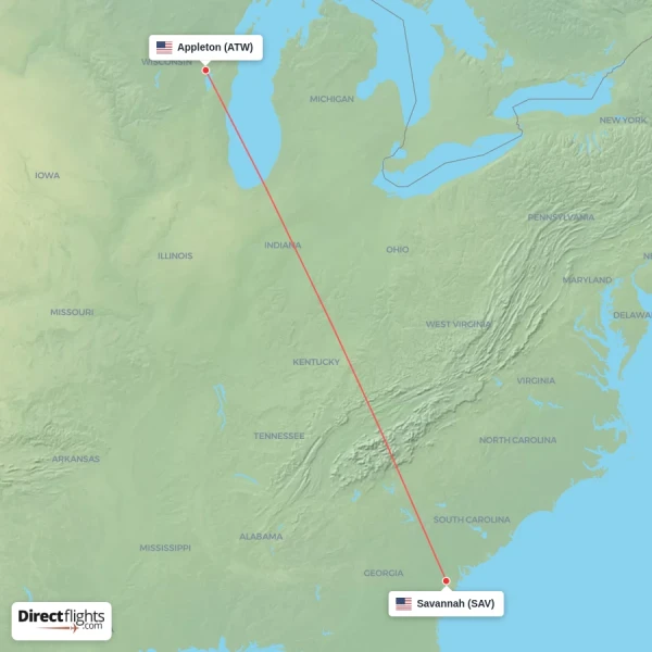 Appleton - Savannah direct flight map