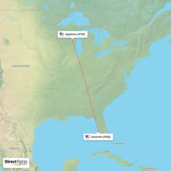 Appleton - Sarasota direct flight map