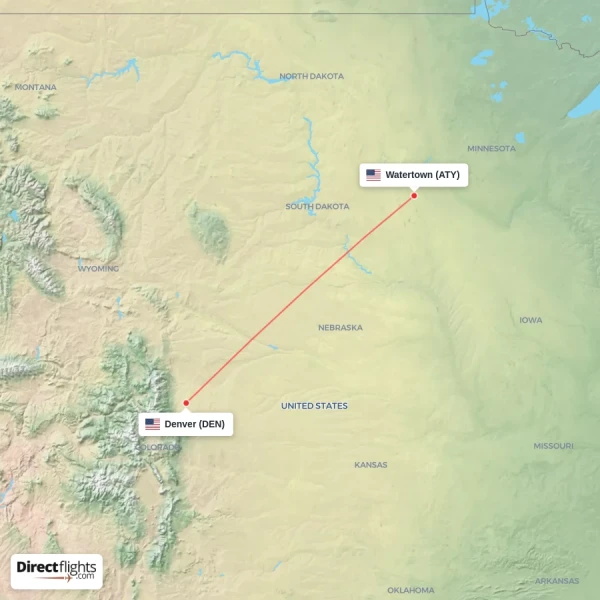 Watertown - Denver direct flight map