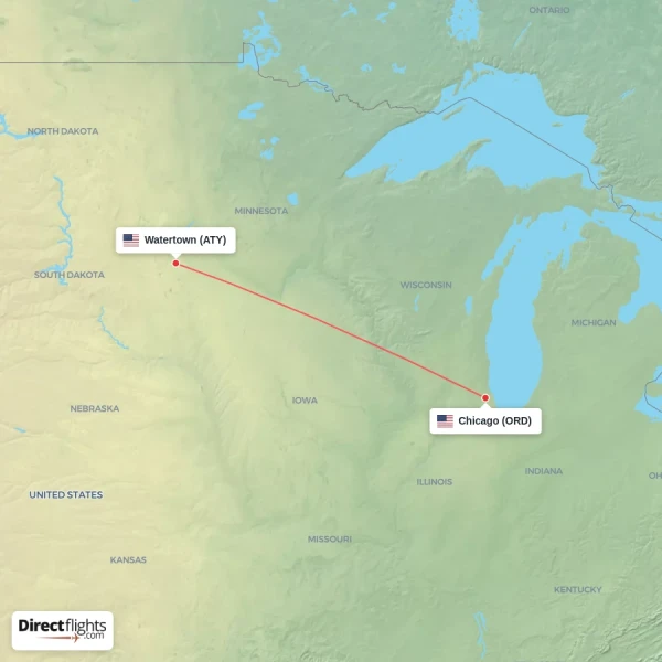 Watertown - Chicago direct flight map