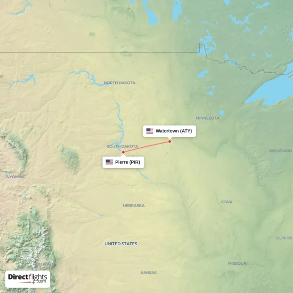 Watertown - Pierre direct flight map