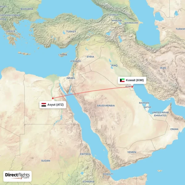 Asyut - Kuwait direct flight map