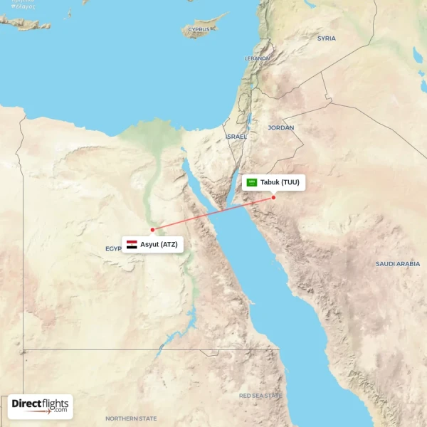 Asyut - Tabuk direct flight map