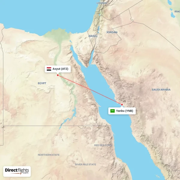 Asyut - Yanbu direct flight map