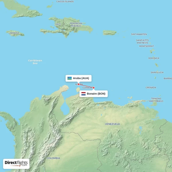 Aruba - Bonaire direct flight map