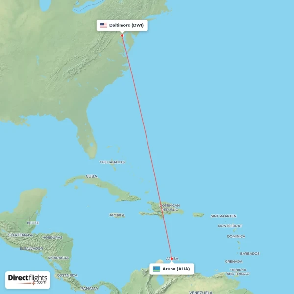 Aruba - Baltimore direct flight map