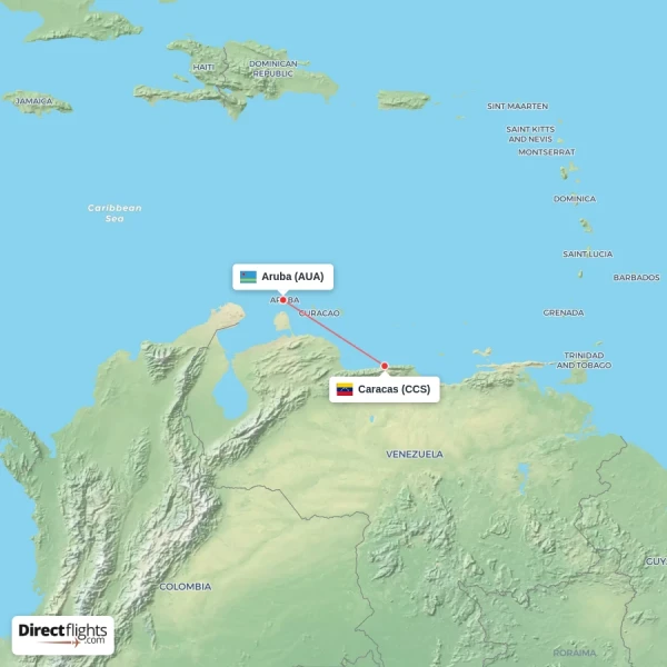 Aruba - Caracas direct flight map