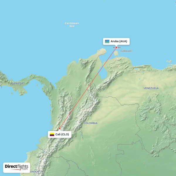 Aruba - Cali direct flight map