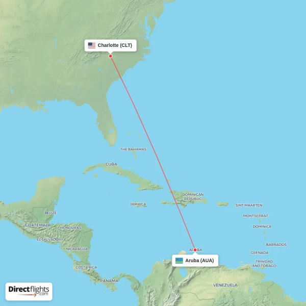 Aruba - Charlotte direct flight map
