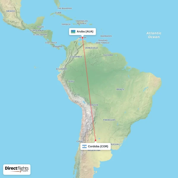 Aruba - Cordoba direct flight map