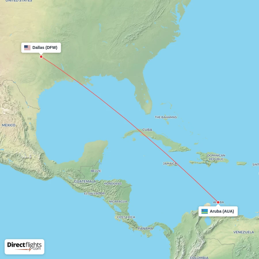 AUA - DFW route map