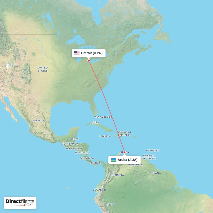 AUA - DTW route map