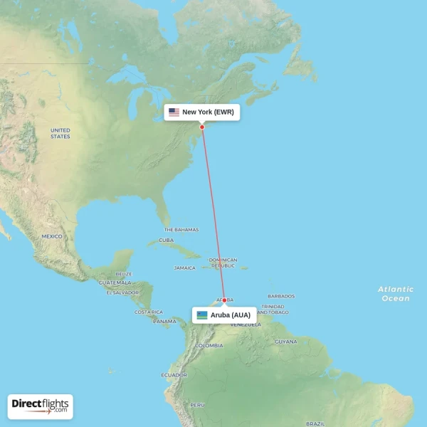 Aruba - New York direct flight map