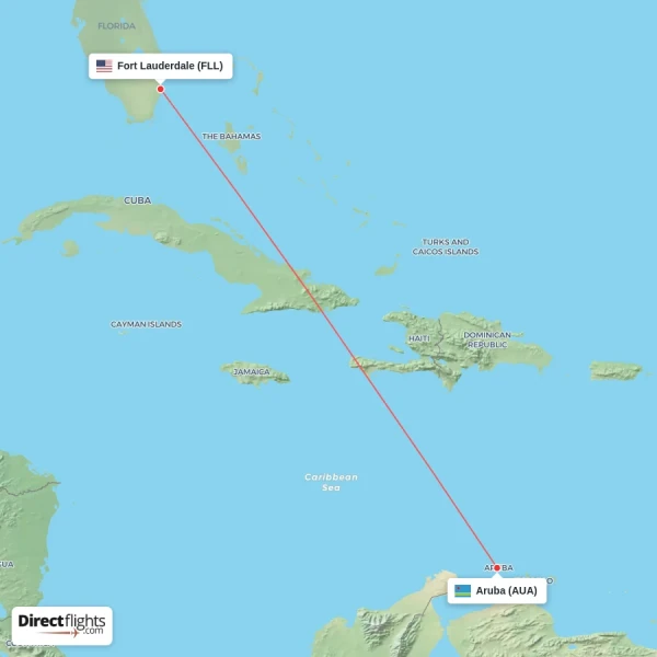 Aruba - Fort Lauderdale direct flight map