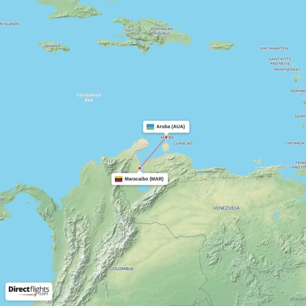 Aruba - Maracaibo direct flight map