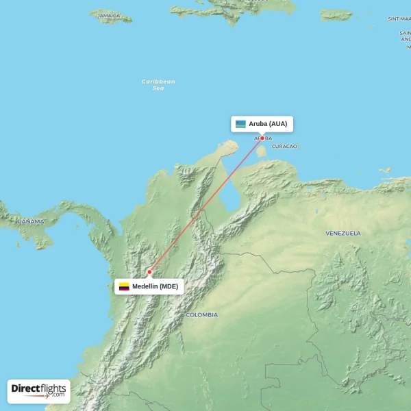 Aruba - Medellin direct flight map